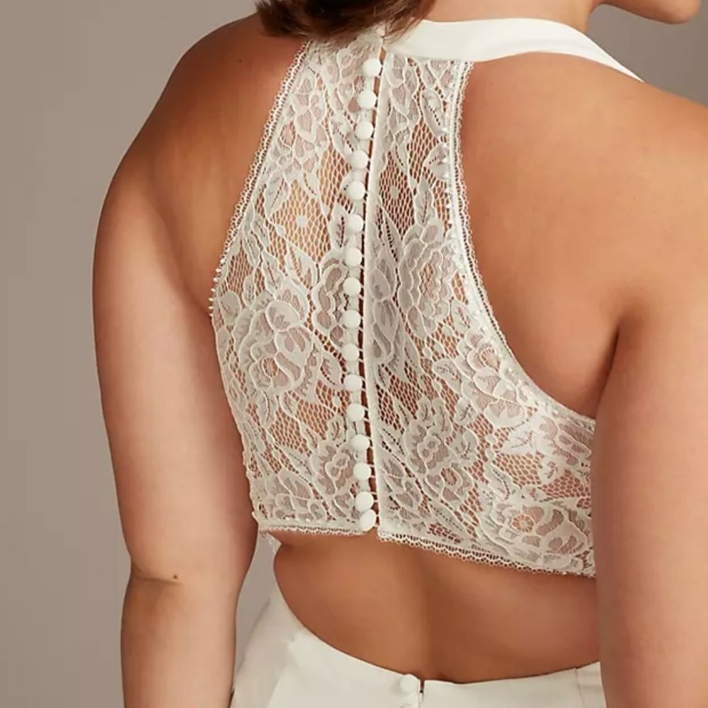 DAVID'S BRIDAL Sheer Back Crepe Wedding Dress with Lace Train - Picture 4 of 14